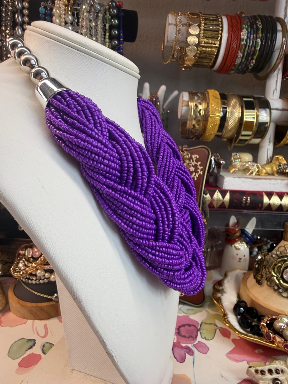 New Braided Beaded Statement Necklace - Purple - Picture 2 of 4